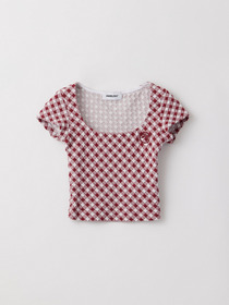 CHECK SMOCKED LOW NECKLINE T-SHIRT 詳細画像